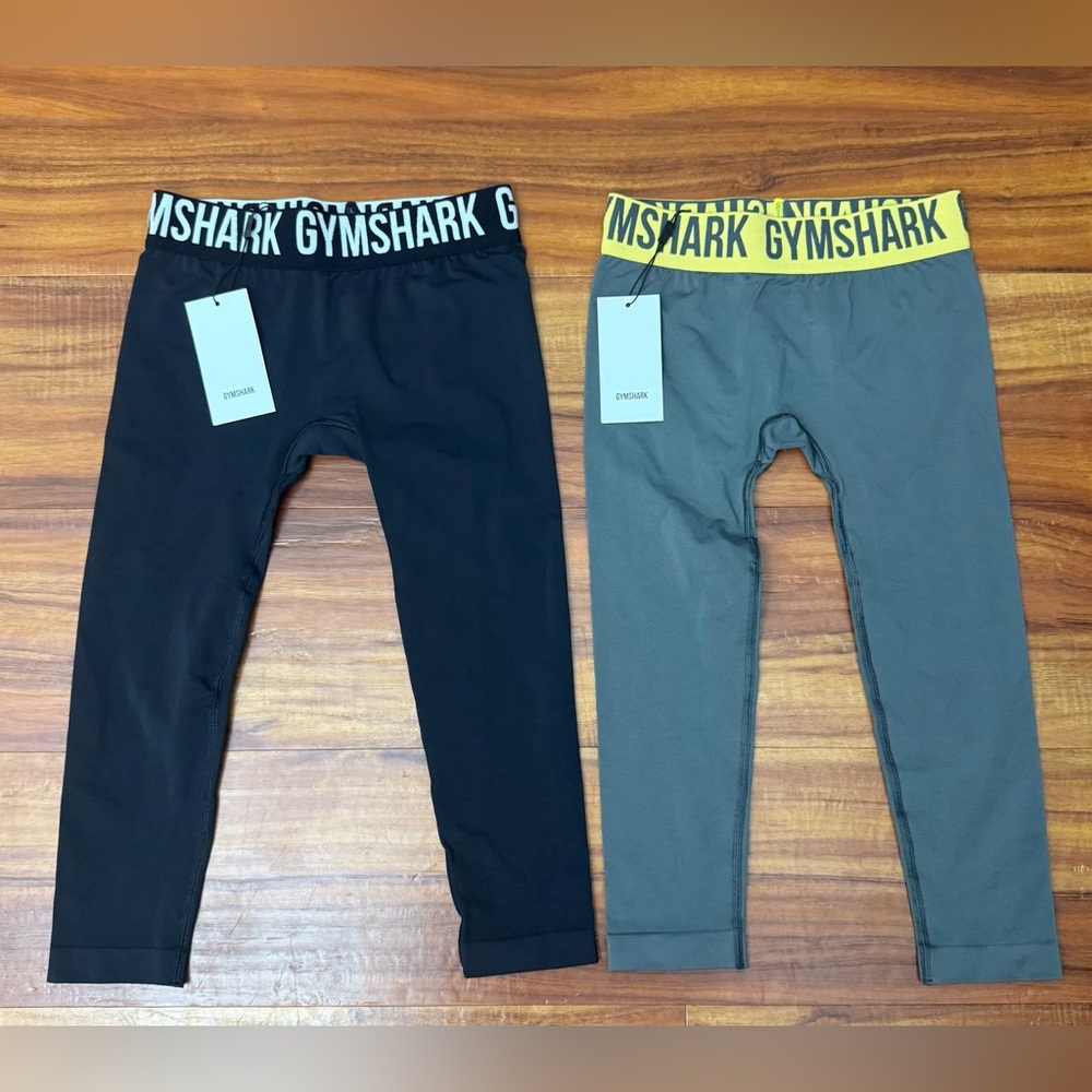 Gymshark Womens Mid length Leggings - Black and Gray with Yellow Waistband